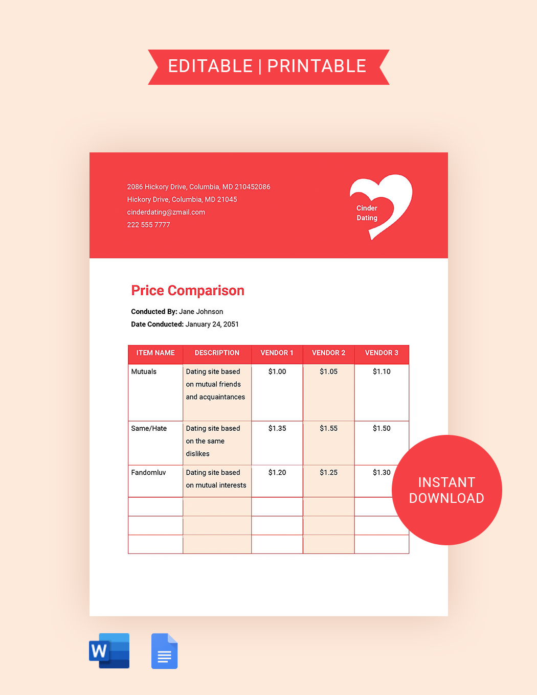 Dating Websites Price Comparison Template in Word, Google Docs