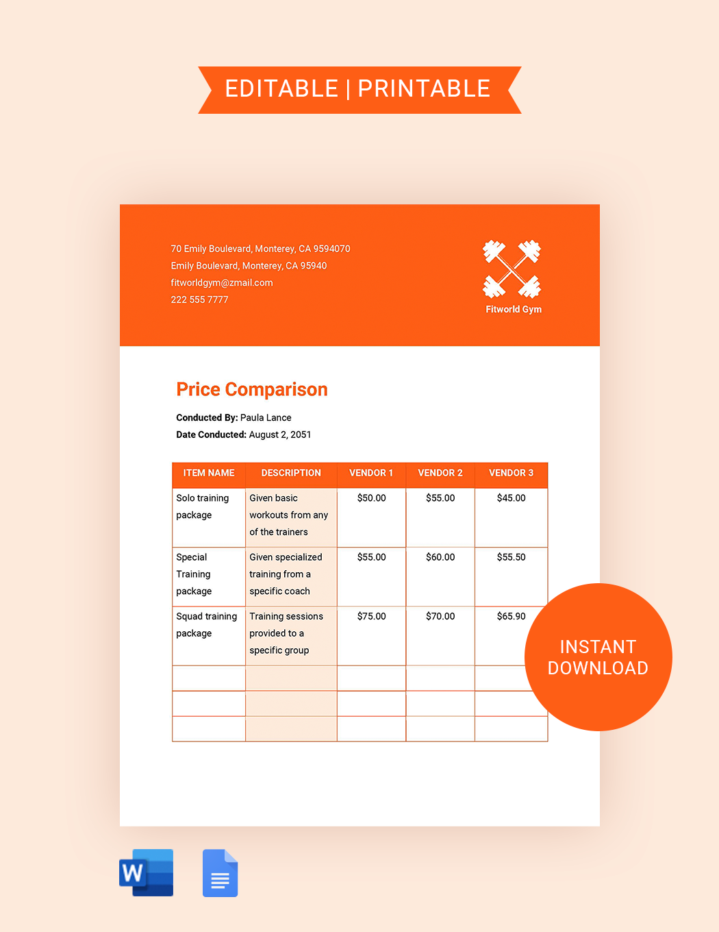 Fitness Club Price Comparison Template in Word, Google Docs