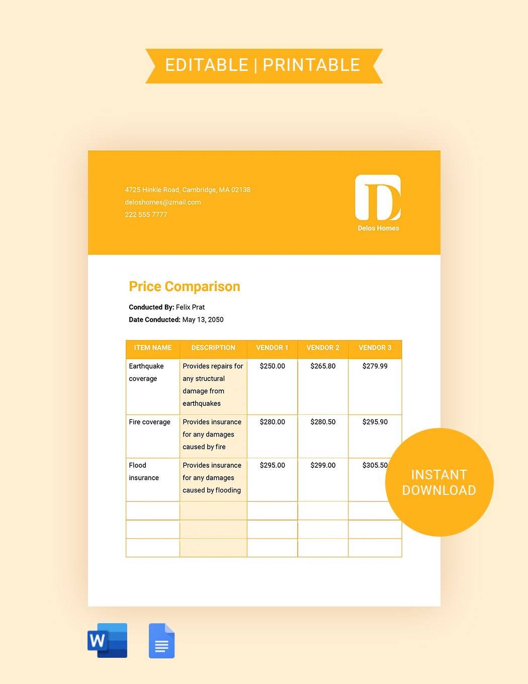 Home Insurance Price Comparison Template in Word, Google Docs