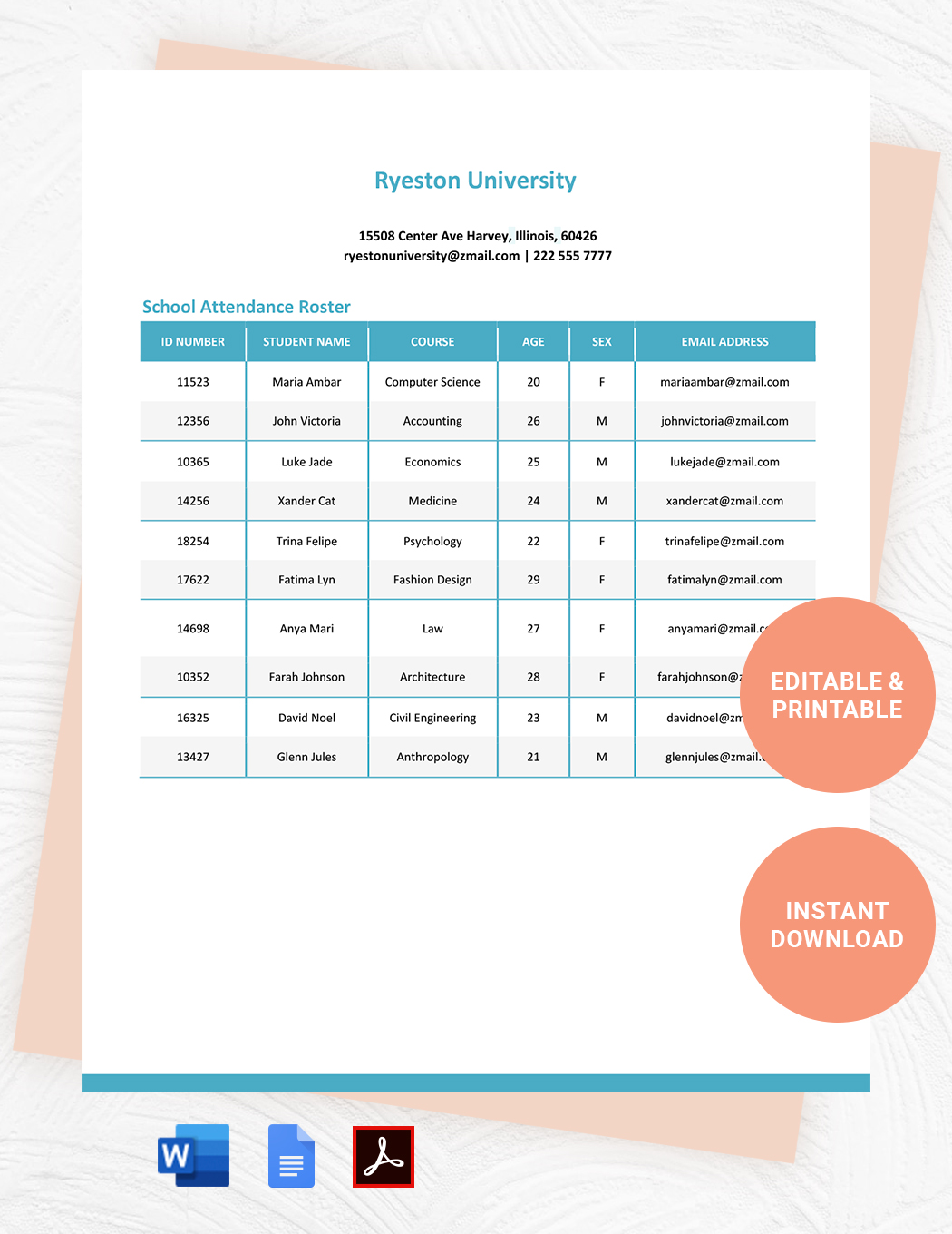 School Attendance Roster in Word, Google Docs