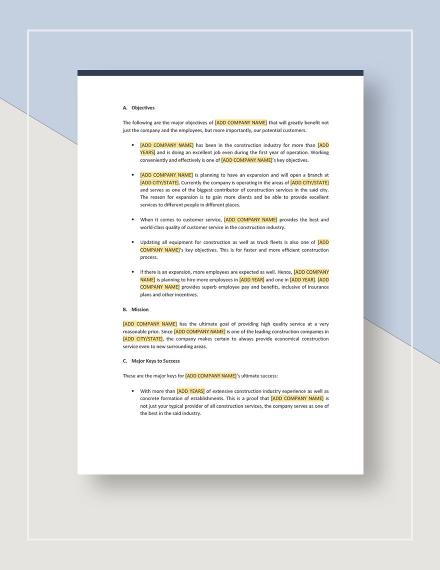 Construction Business Plan Template - Google Docs, Word, Apple Pages ...