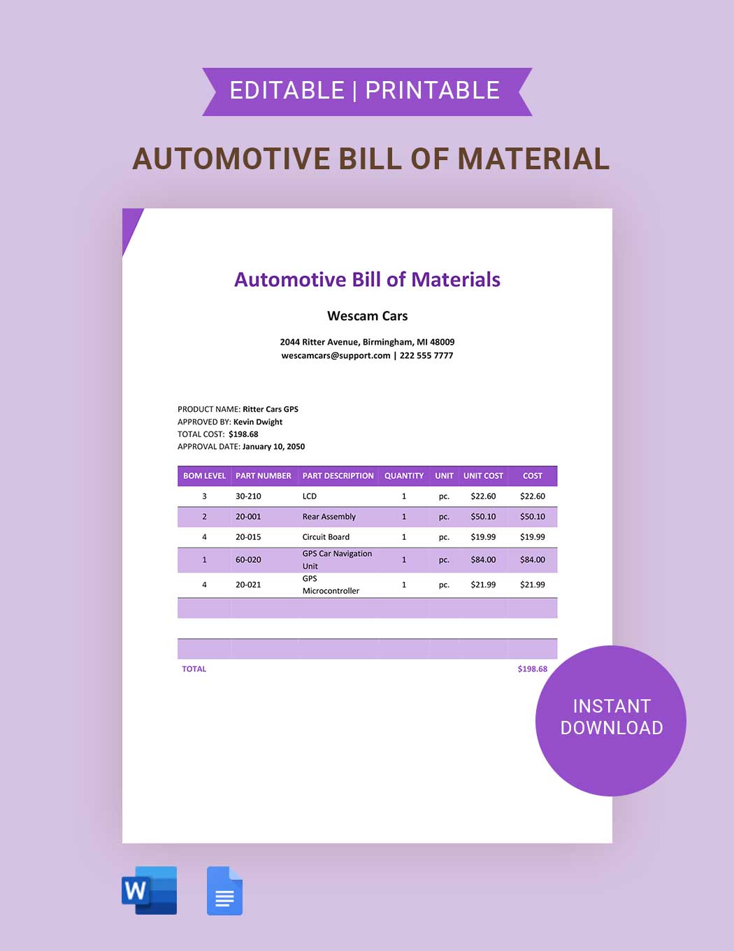Automotive Bill Of Material Template in Word, Google Docs