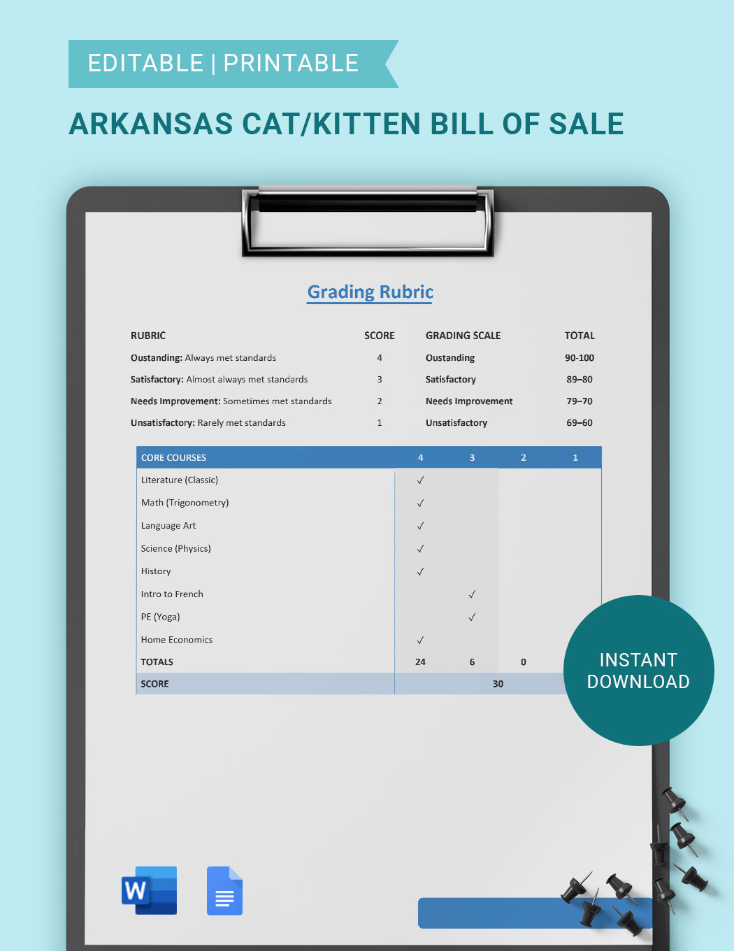 Letter Grade Scale (Editable Word Document)