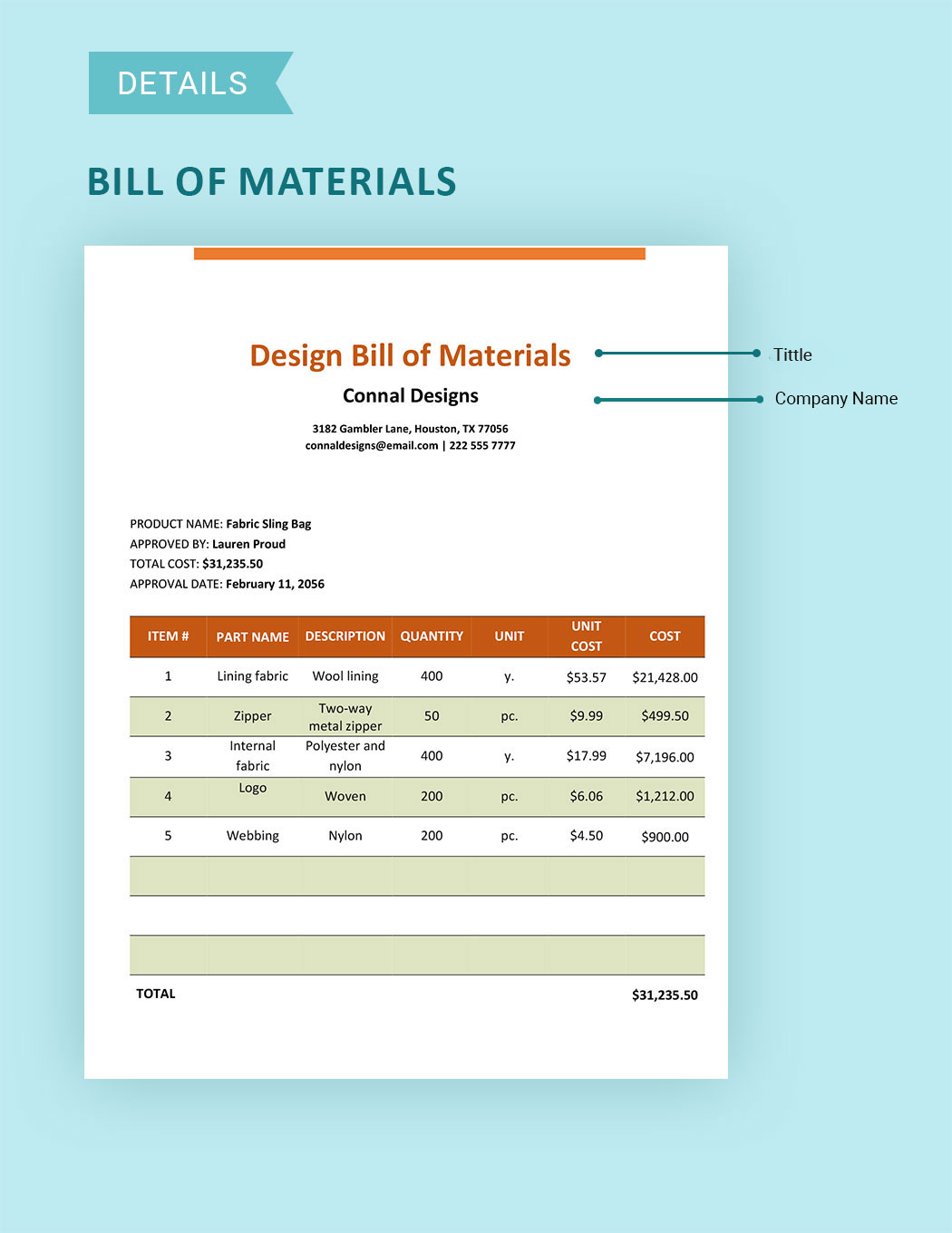 Design Bill Of Materials Template