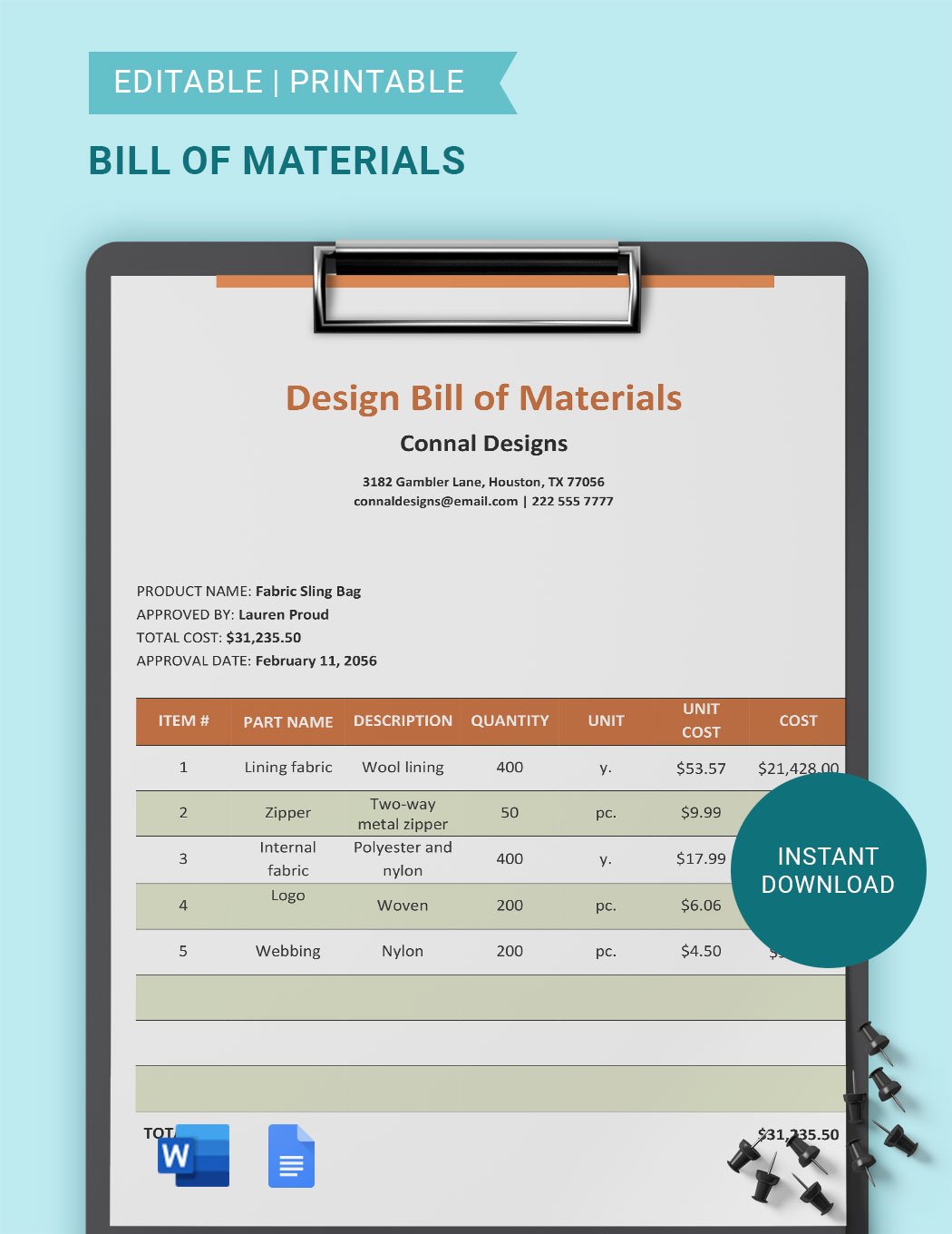 Design Bill Of Materials Template in Word, Google Docs