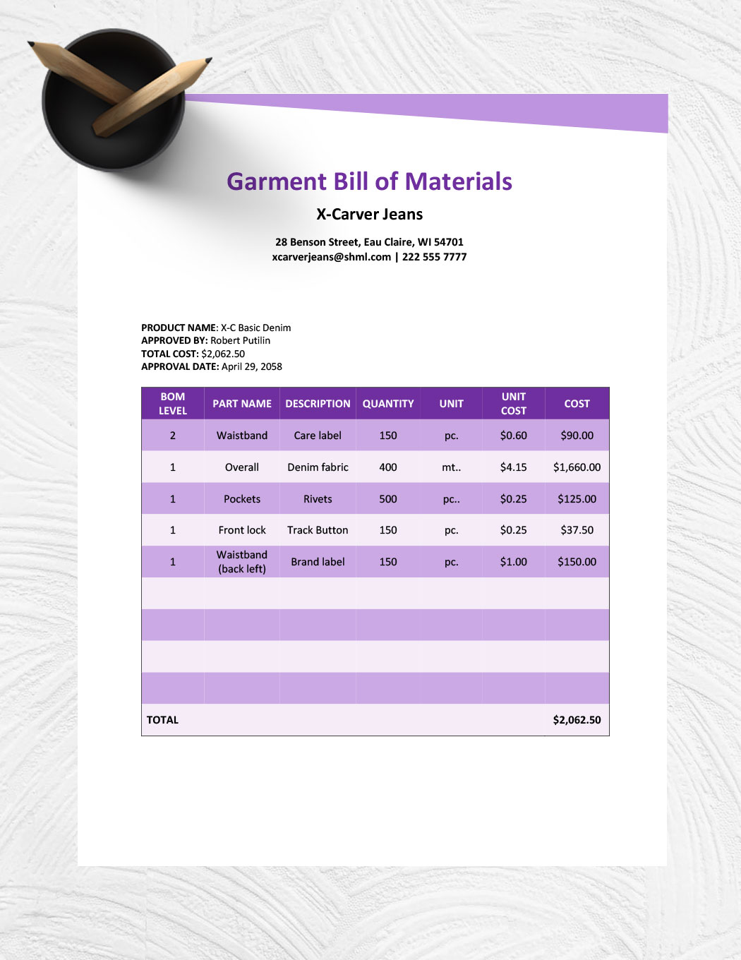 Garment Bill Of Materials Template