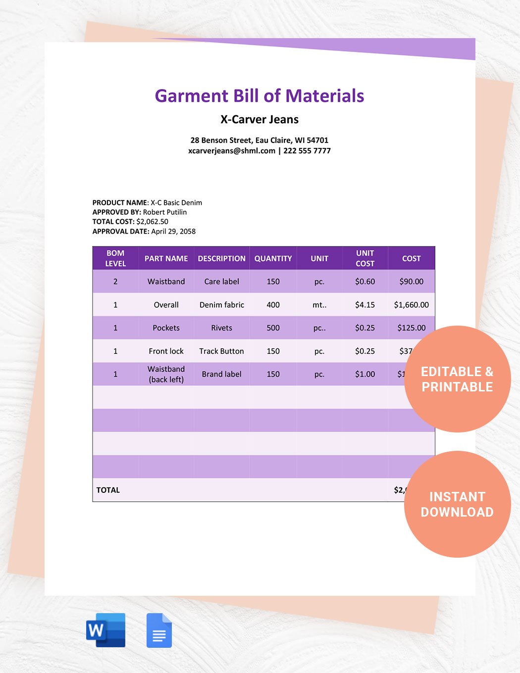 Garment Bill Of Materials Template in Word, Google Docs