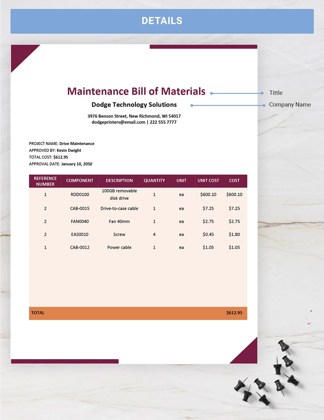 Maintenance Bill Of Materials Template