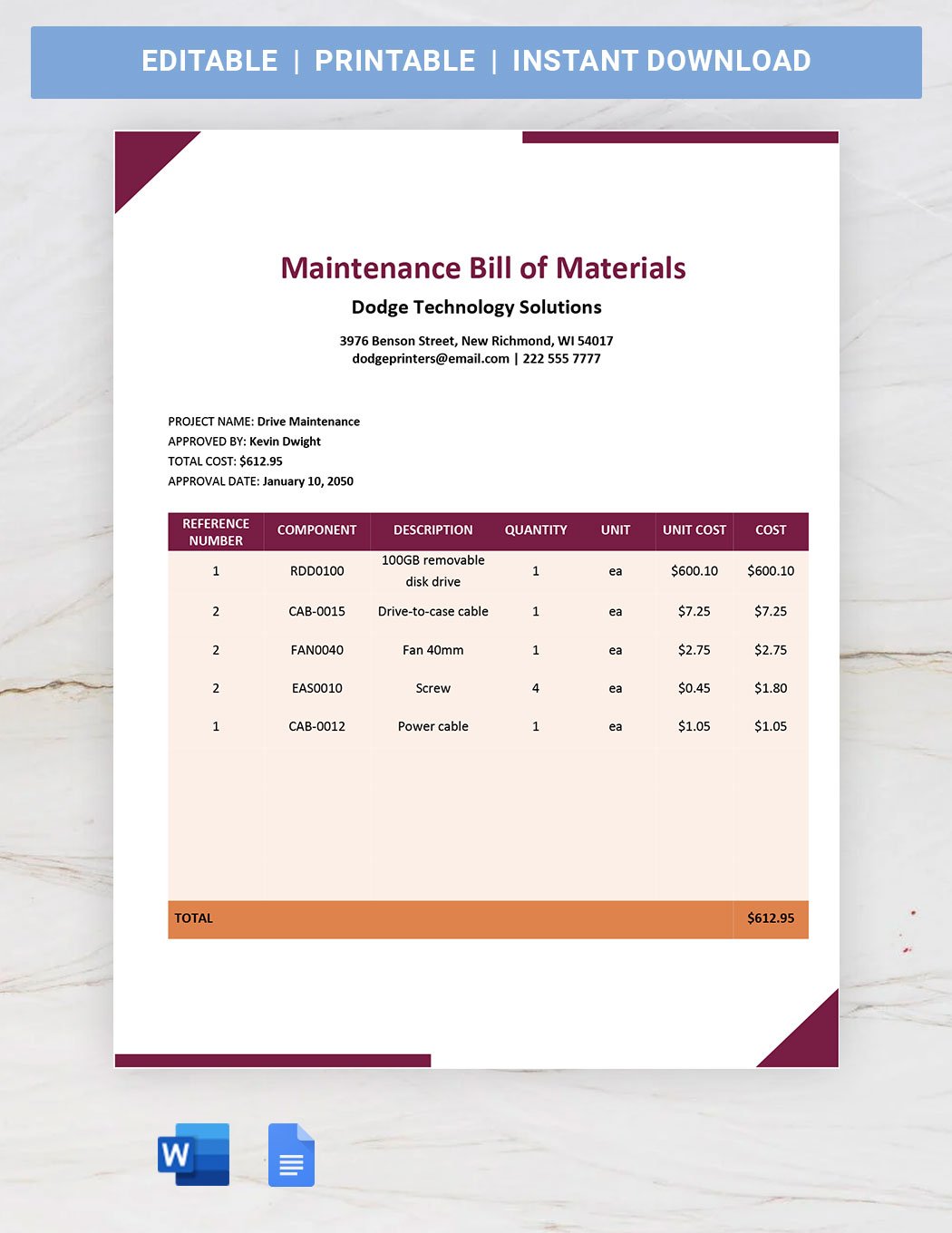 Maintenance Bill Of Materials Template in Word, Google Docs