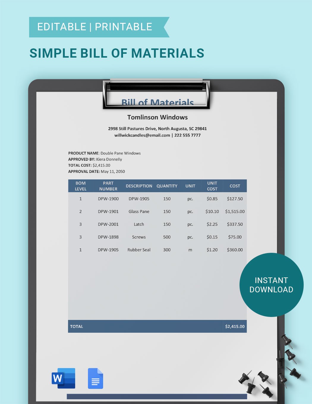 Simple Bill Of Materials Template in Word, Google Docs