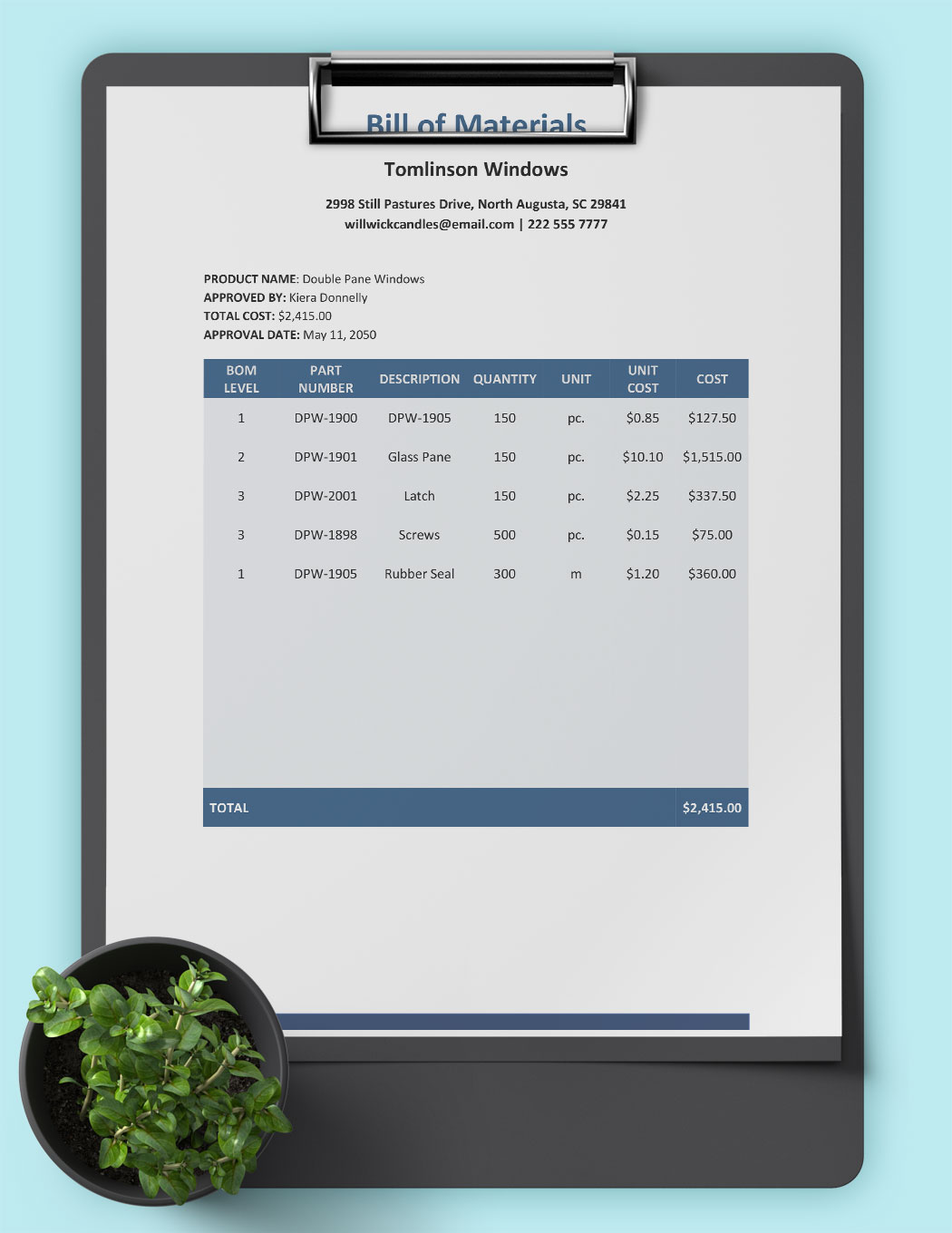 Simple Bill Of Materials Template
