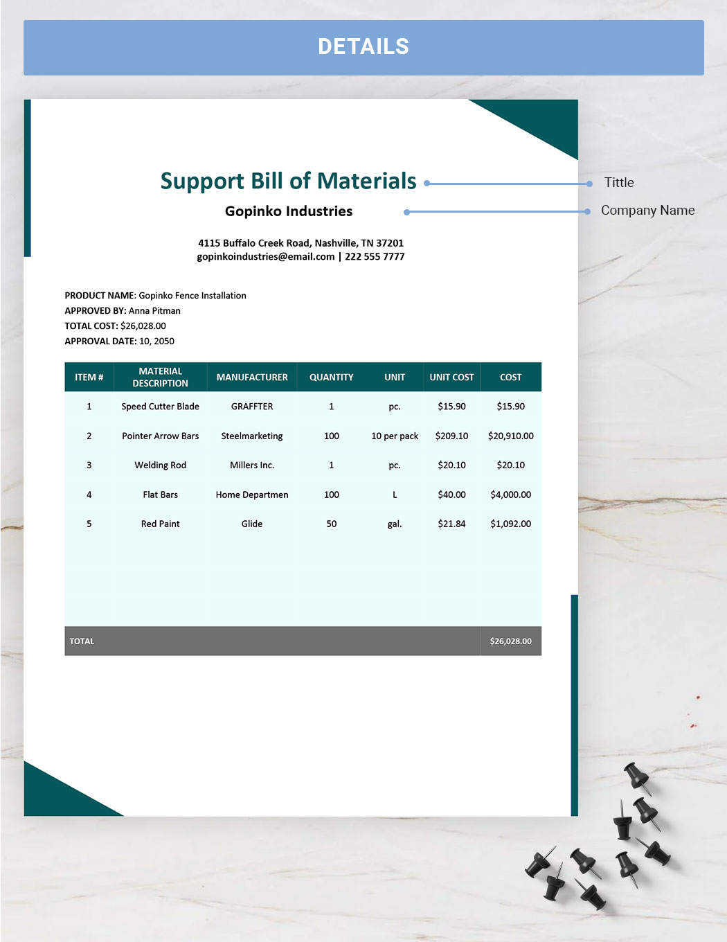 Support Bill Of Materials Template