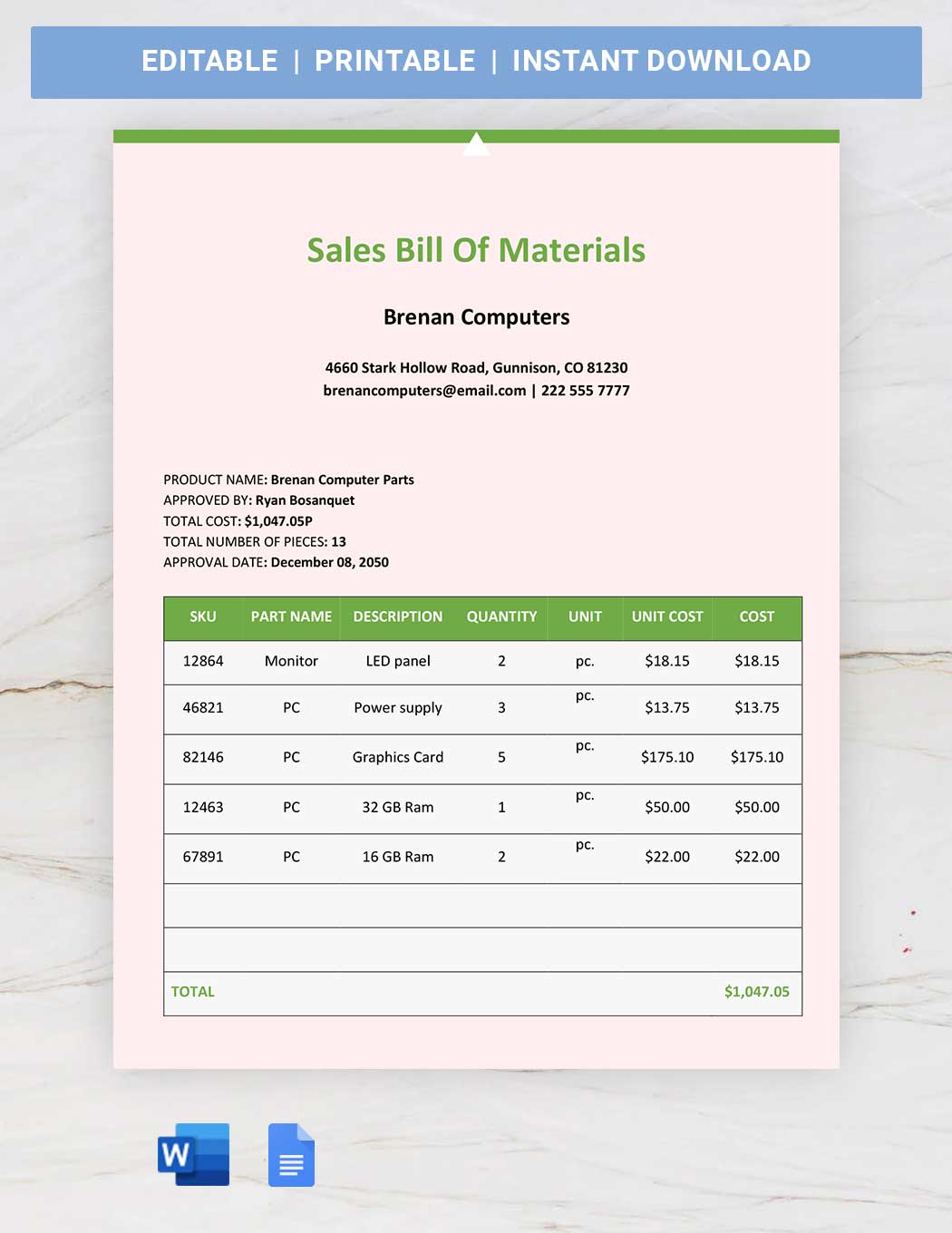 Sales Bill Of Materials Template