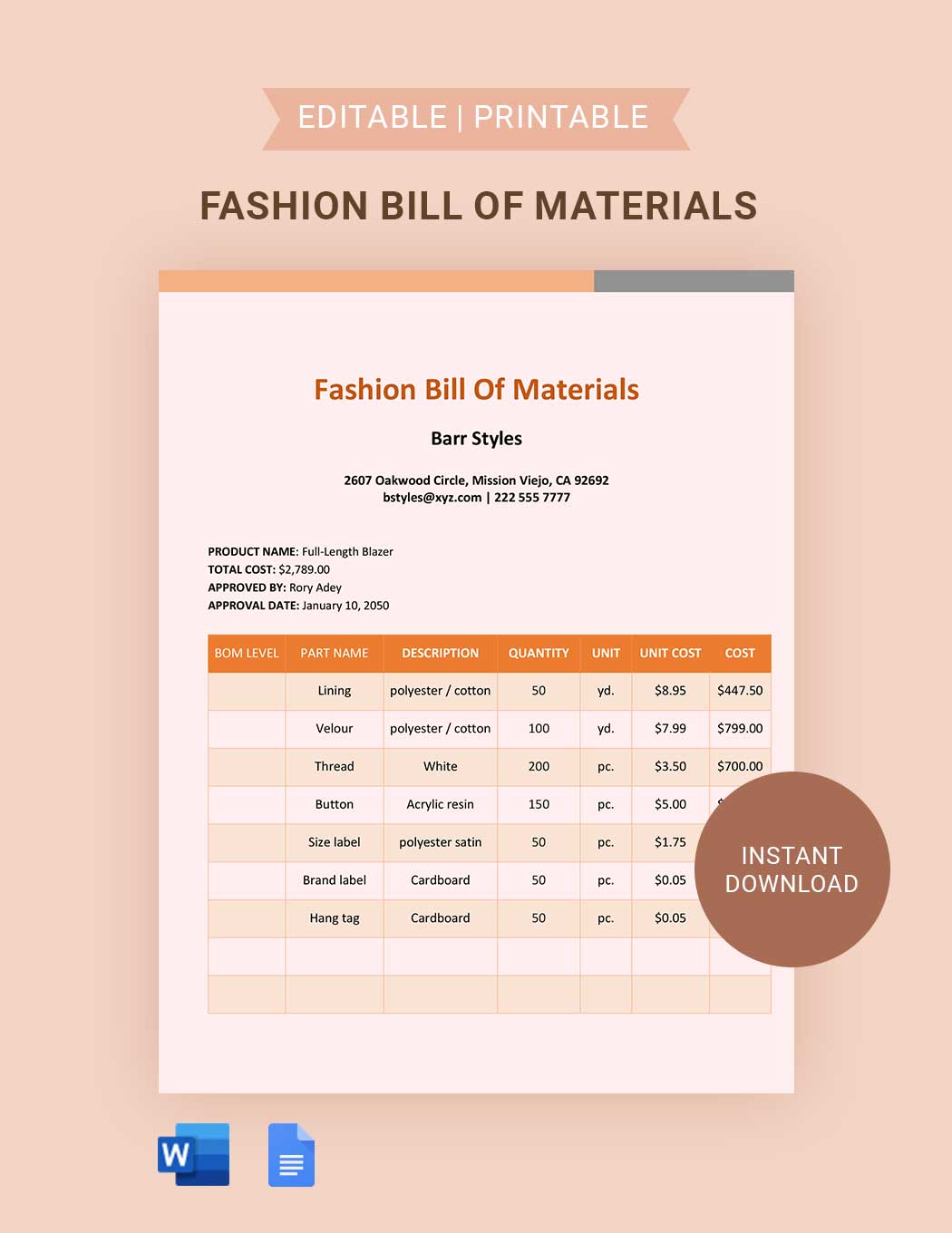 Fashion Bill Of Materials Template