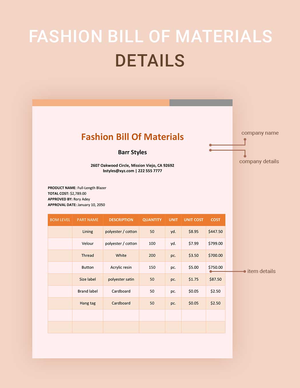 Fashion Bill Of Materials Template