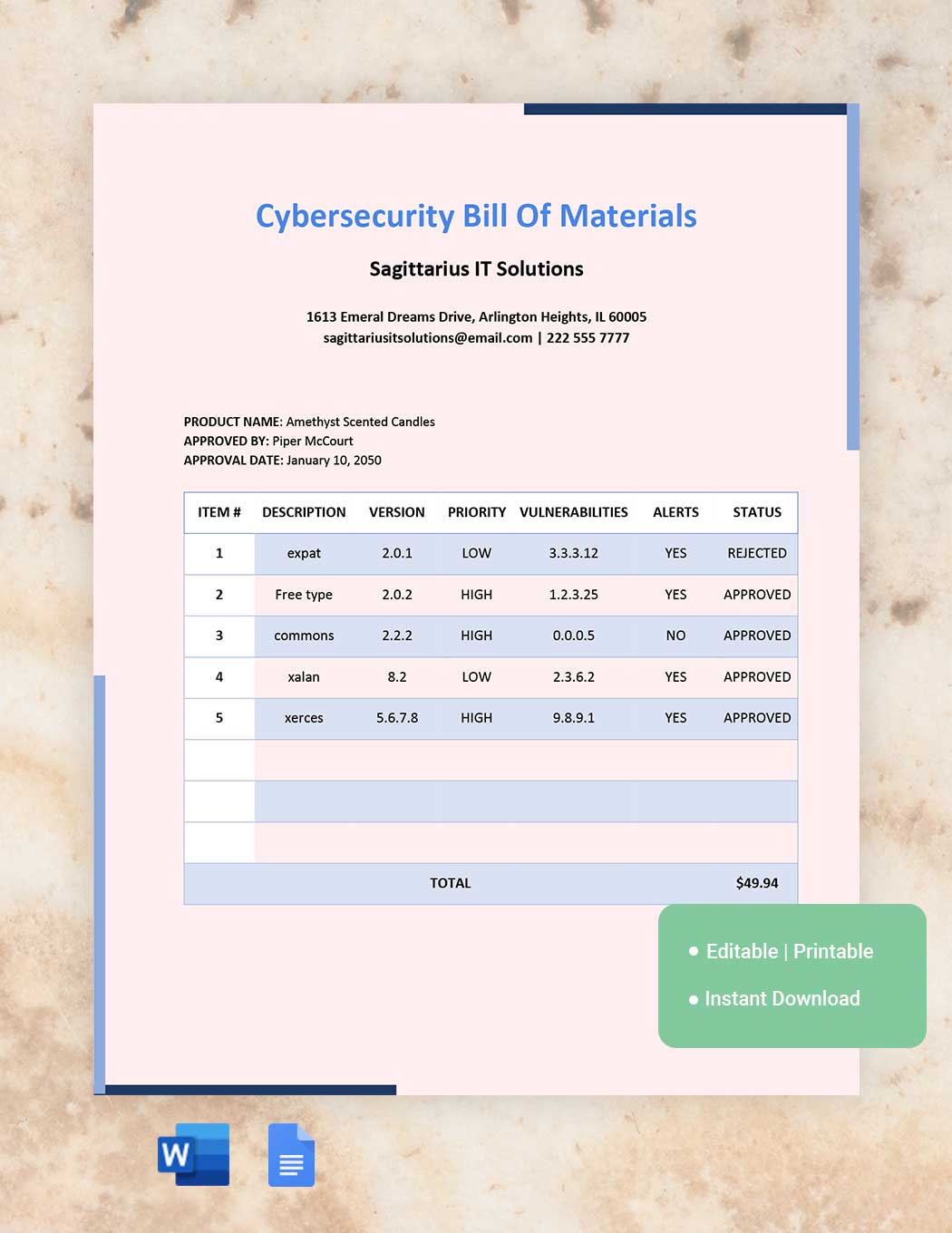 Cybersecurity Bill Of Materials Template in Word, Google Docs