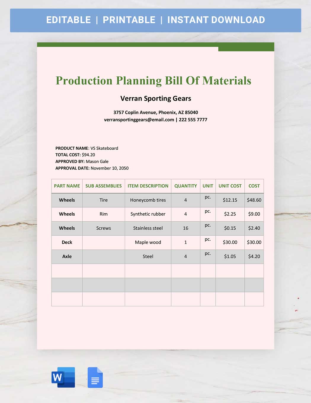 Production Planning Bill Of Materials in Word, Google Docs