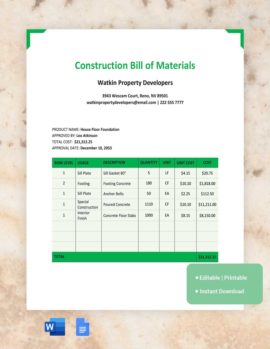 Construction Bill Of Materials Template in Word, Google Docs