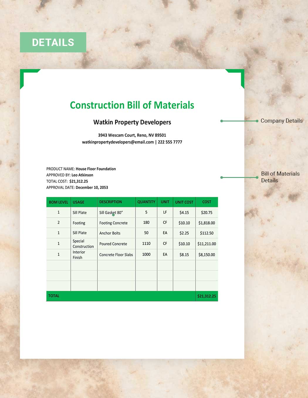Construction Bill Of Materials Template