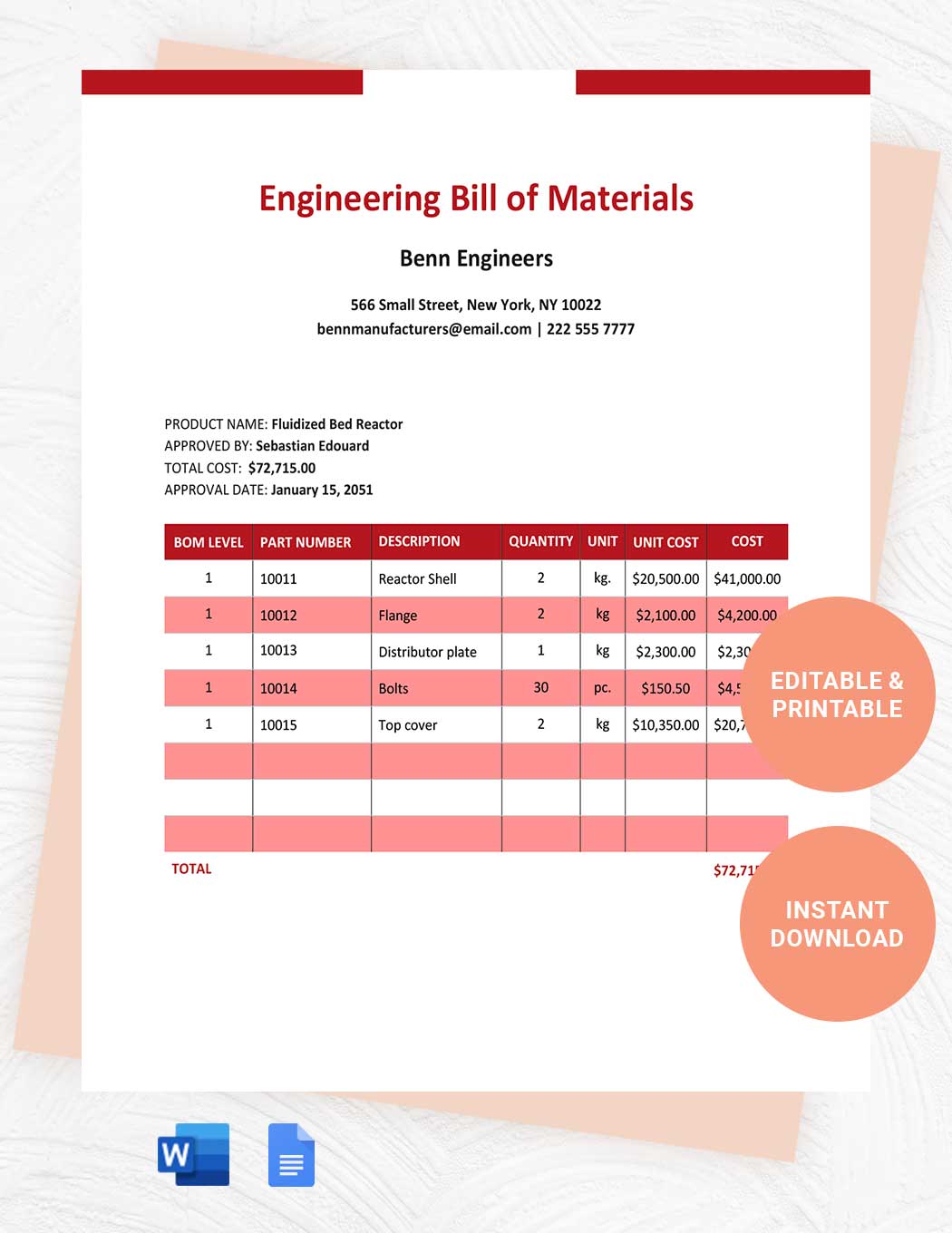 Engineering Bill Of Materials Template in Word, Google Docs