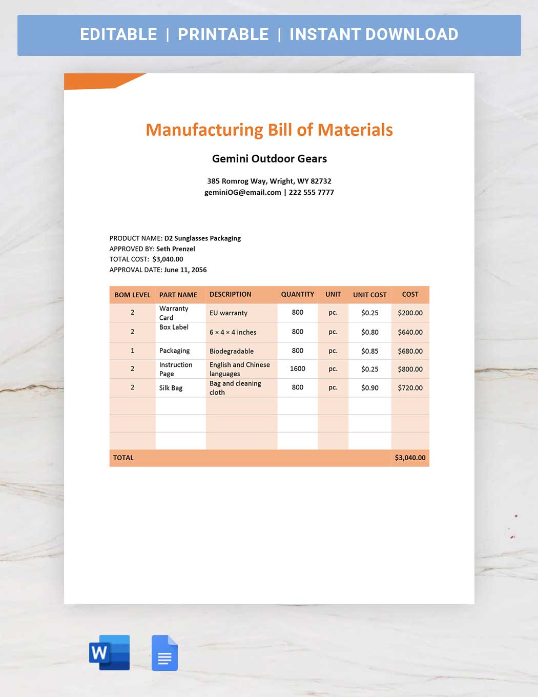 Manufacturing Bill Of Material Template in Word, Google Docs