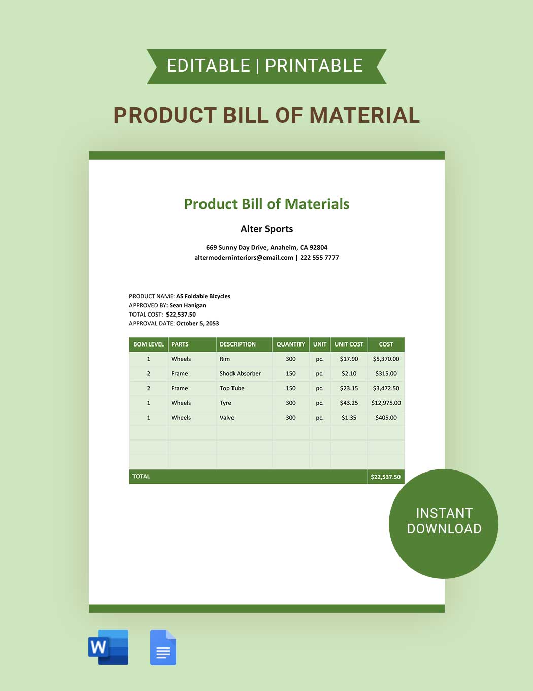 Product Bill Of Material Template in Word, Google Docs