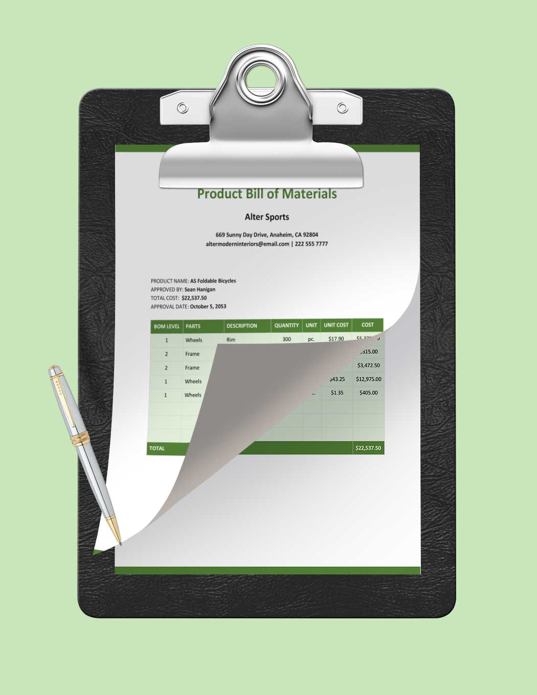 Product Bill Of Material Template