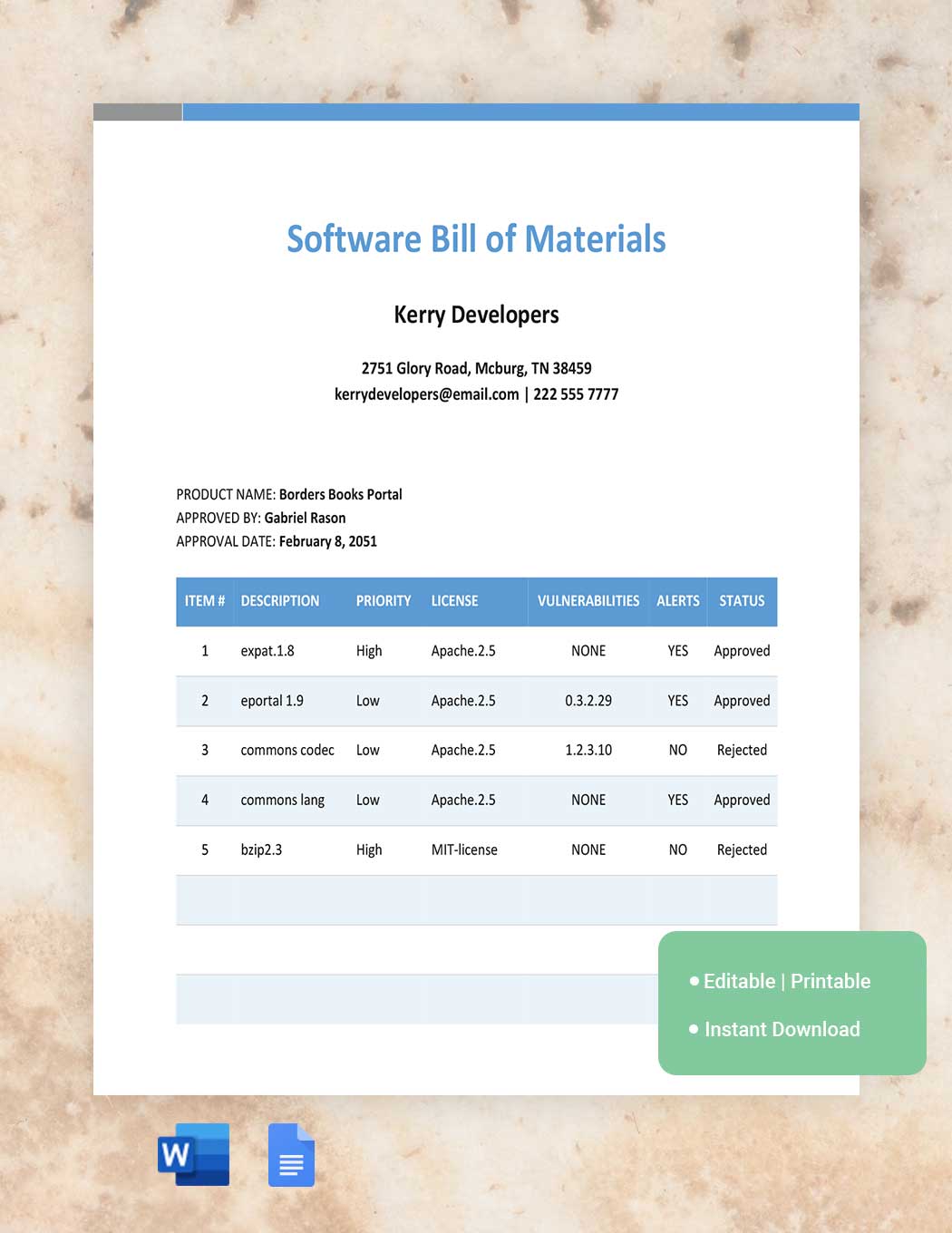 Software Bill Of Materials in Word, Google Docs