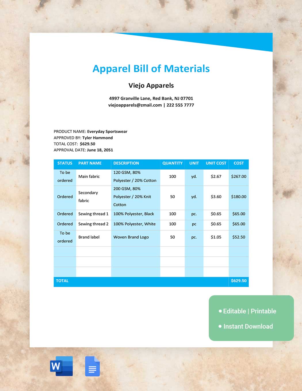 Apparel Bill Of Materials in Word, Google Docs