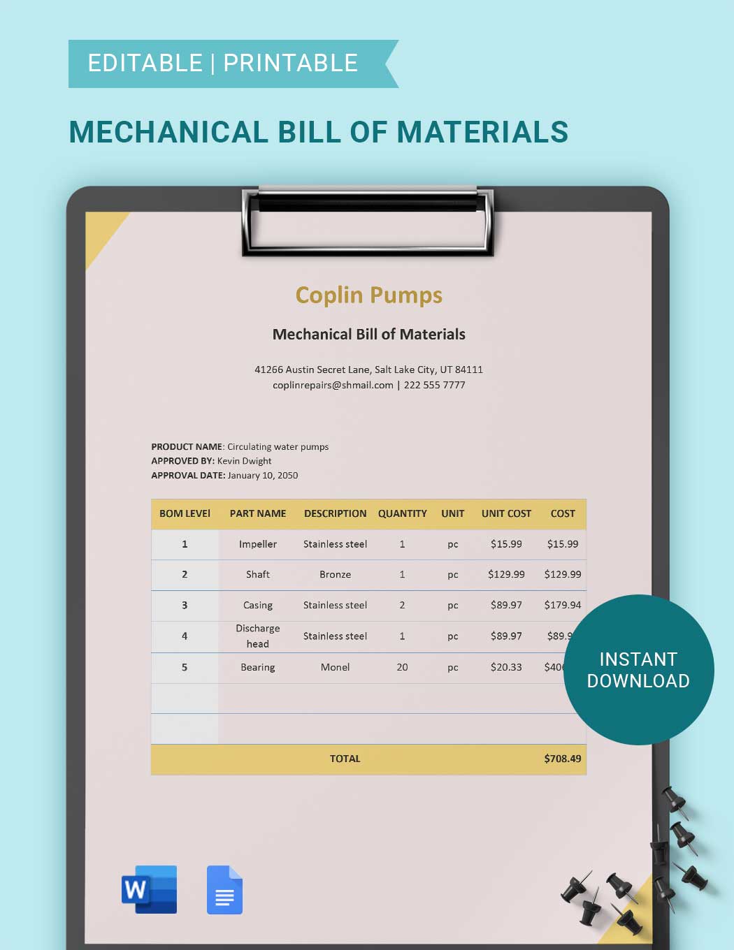 Mechanical Bill Of Materials Template in Word, Google Docs