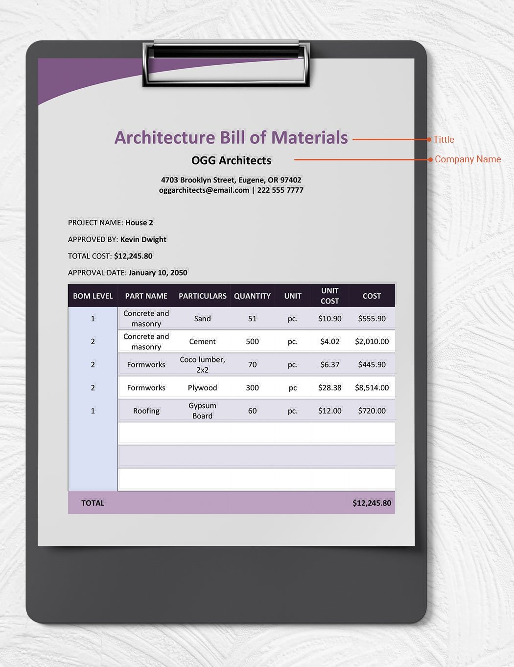 Architecture Bill Of Materials Template 