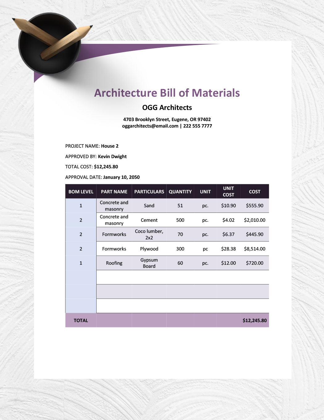 Architecture Bill Of Materials Template 