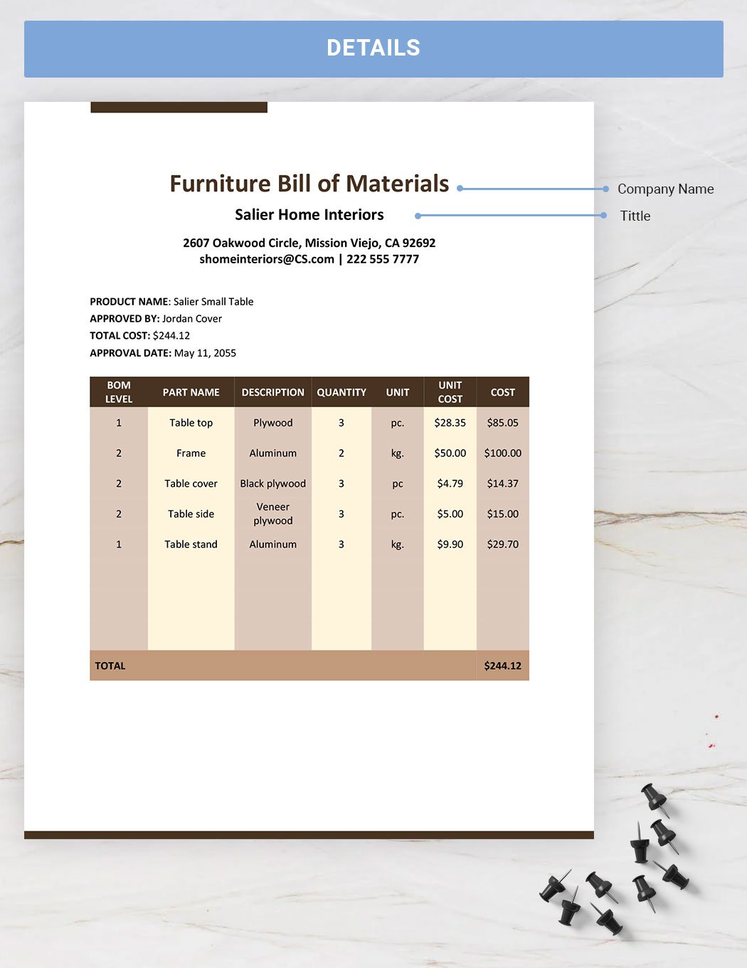 Furniture Bill Of Materials Template 