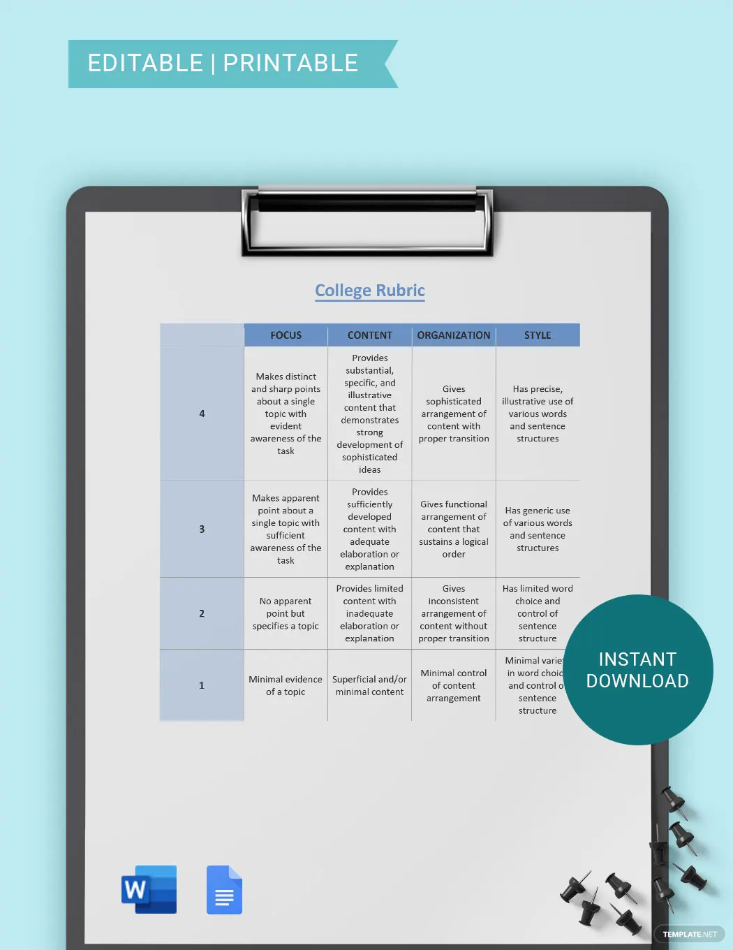 College Rubric Template Google Docs, Word