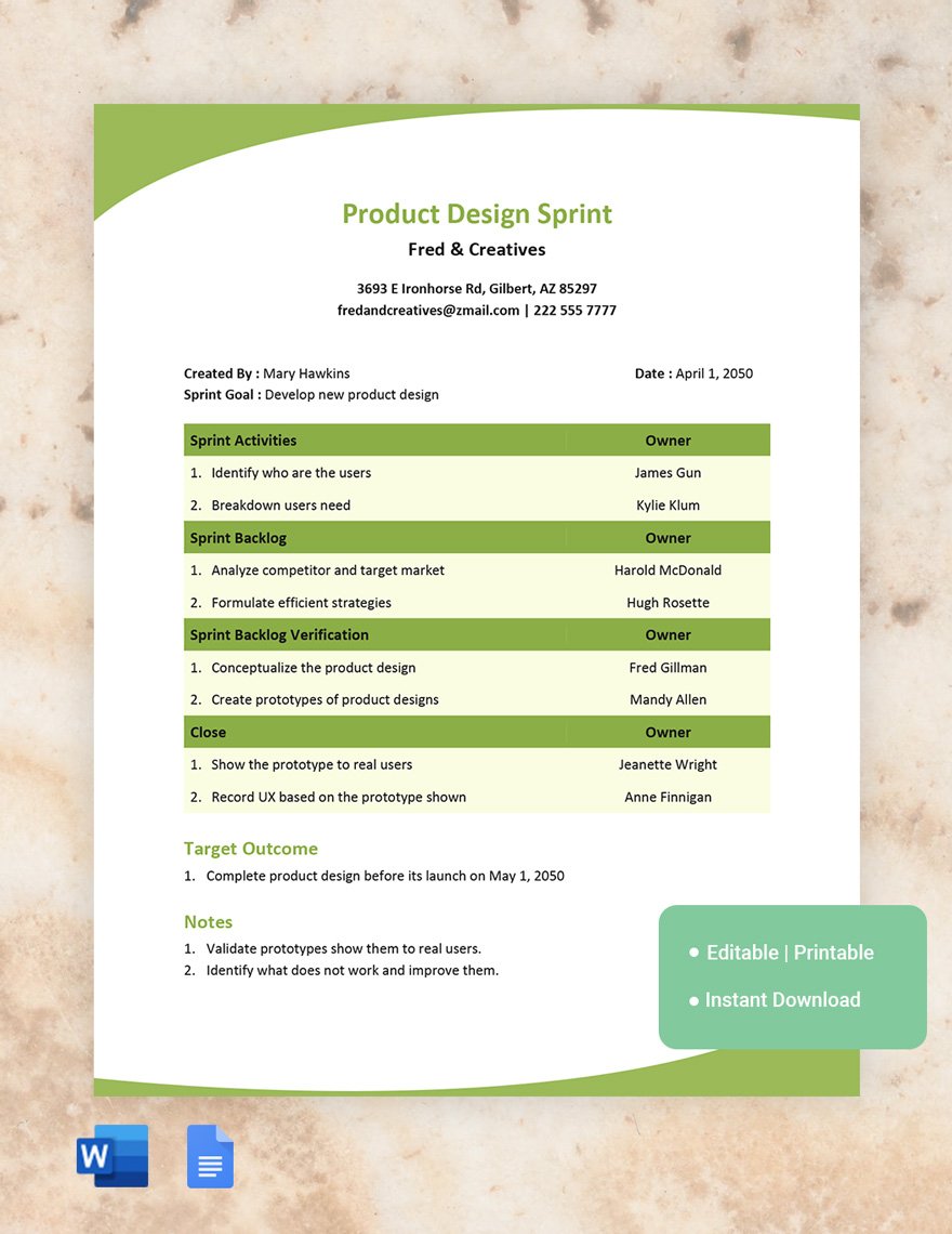 Product Design Sprint Template in Word, Google Docs