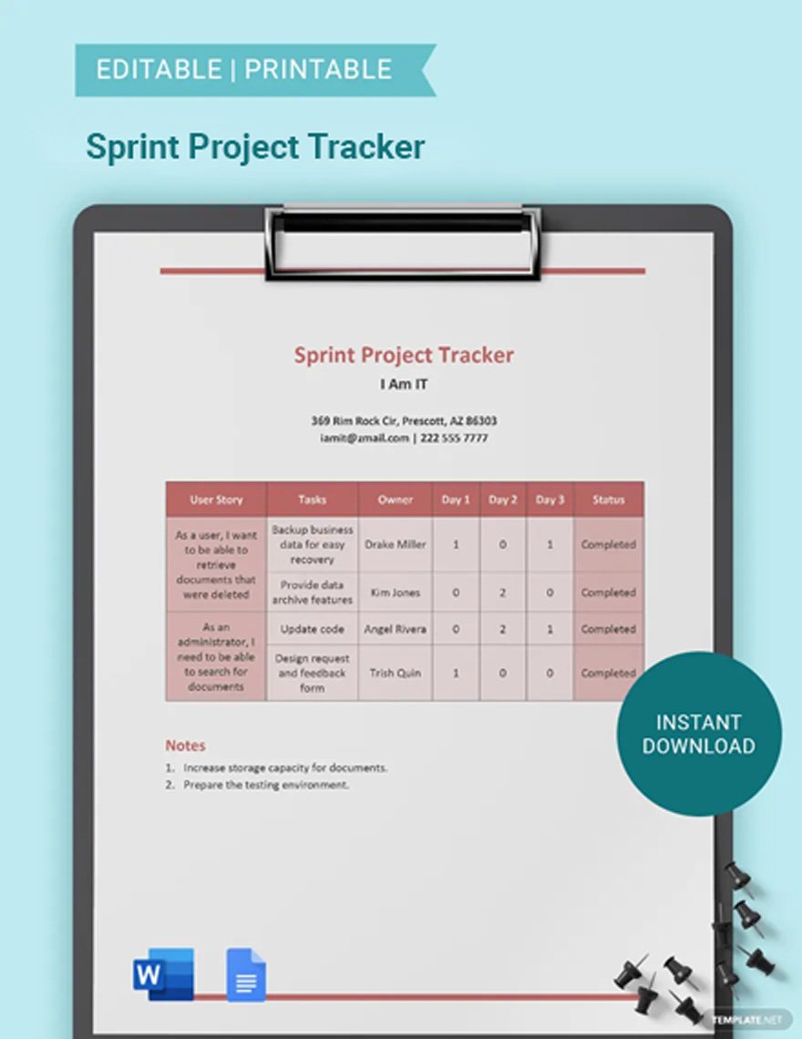 Sprint Project Tracker Template in Word, Google Docs
