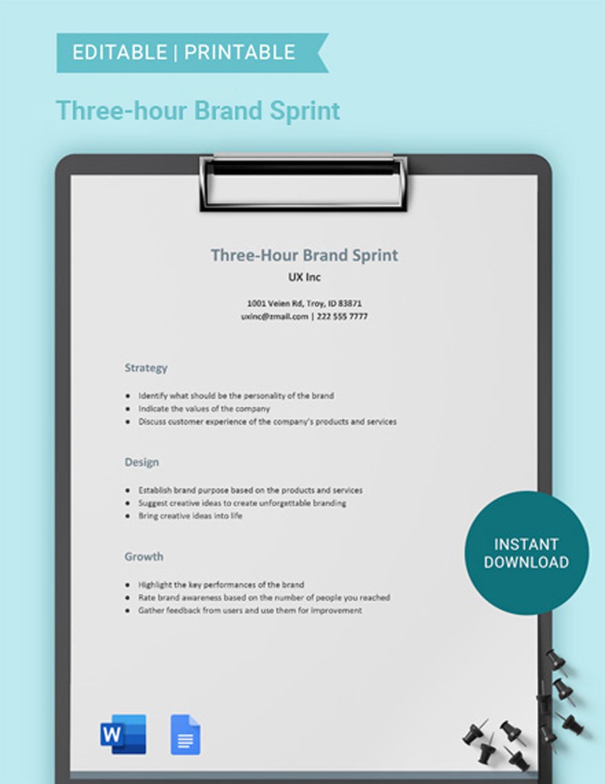 Three-hour Brand Sprint Template in Word, Google Docs