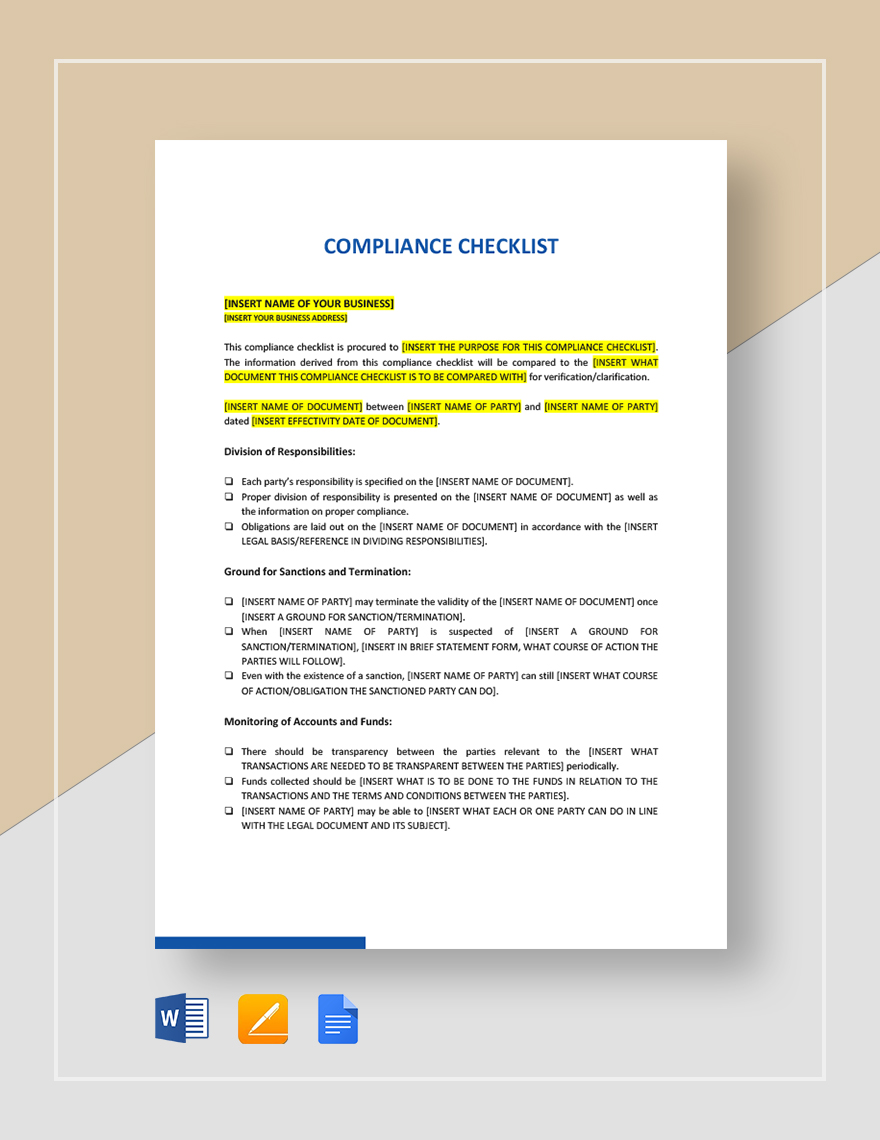 Compliance Checklist Template - Google Docs, Word, Apple Pages ...