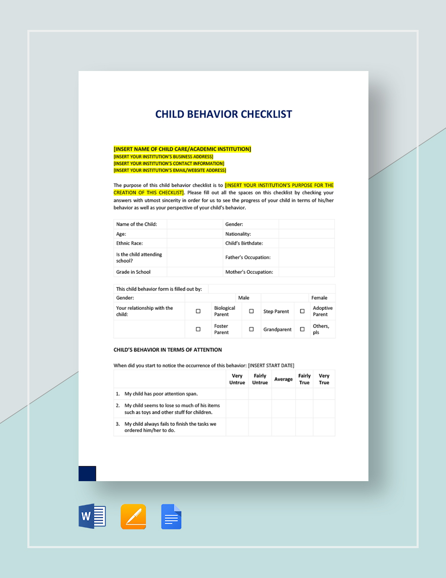 Child Behavior Checklist Template Google Docs, Word, Apple Pages