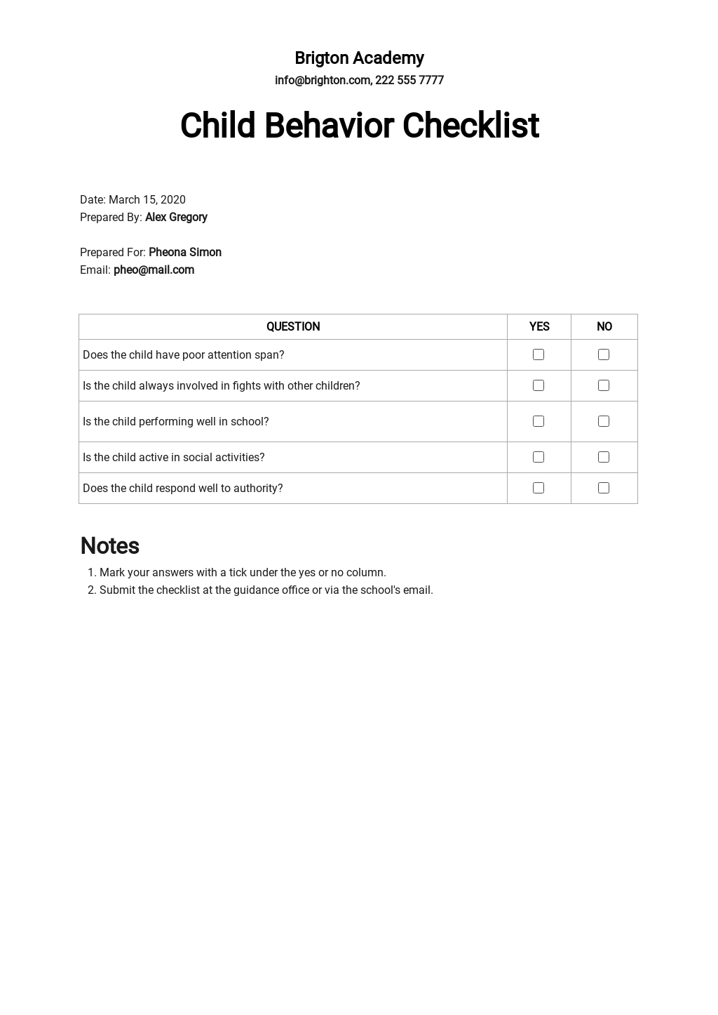 Behavior Checklist For Kids