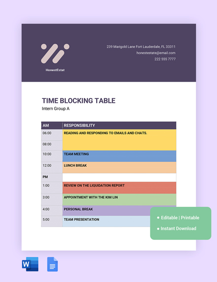 Hourly Time Blocking Template - Google Docs, Word | Template.net