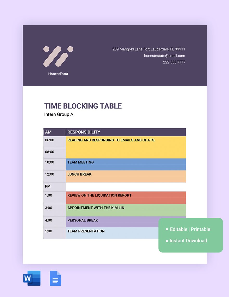 Hourly Time Blocking Template