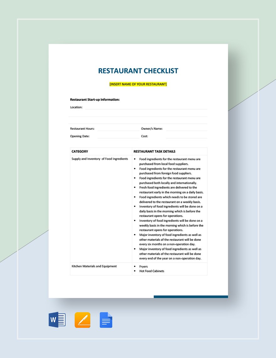 Restaurant Checklist Template
