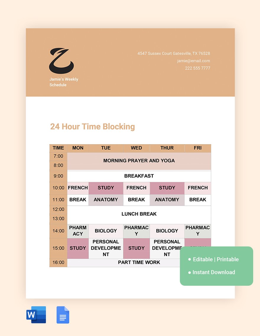 24 Hour Time Blocking Template