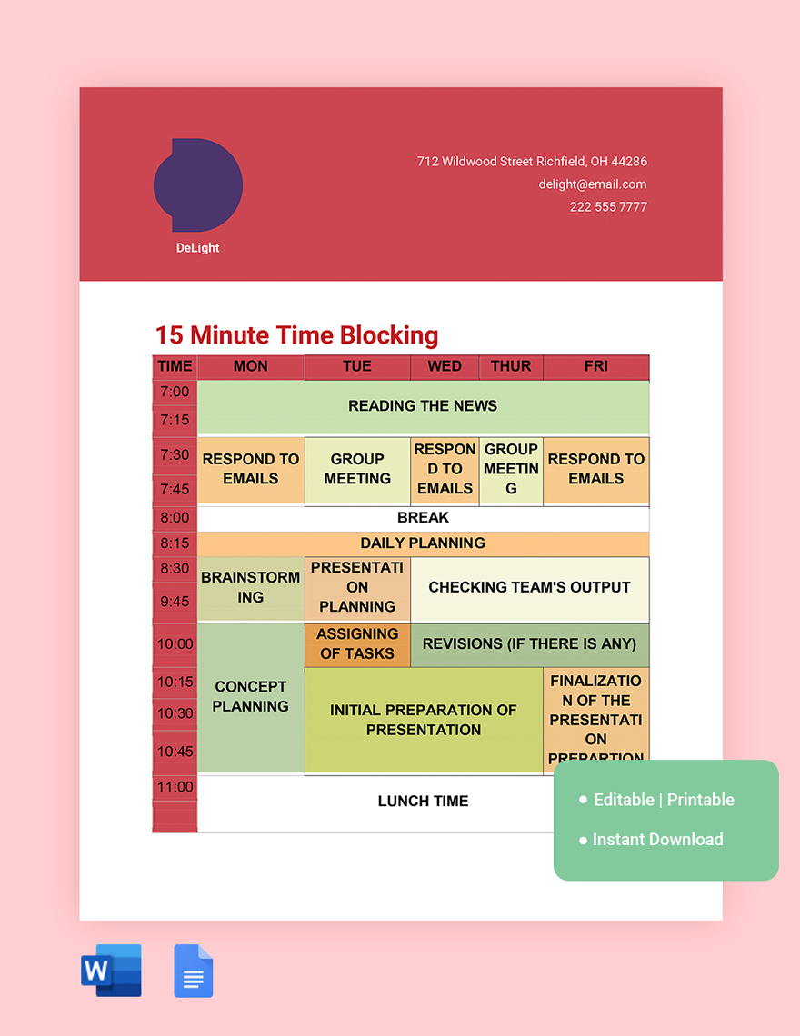 15 Minute Time Blocking Template in Word, Google Docs