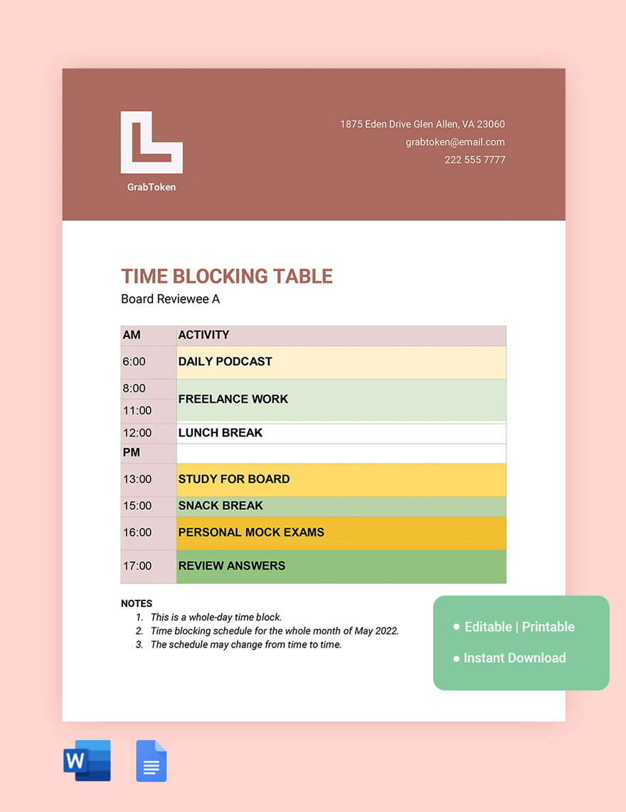 Monthly Time Blocking Template in Word, Google Docs