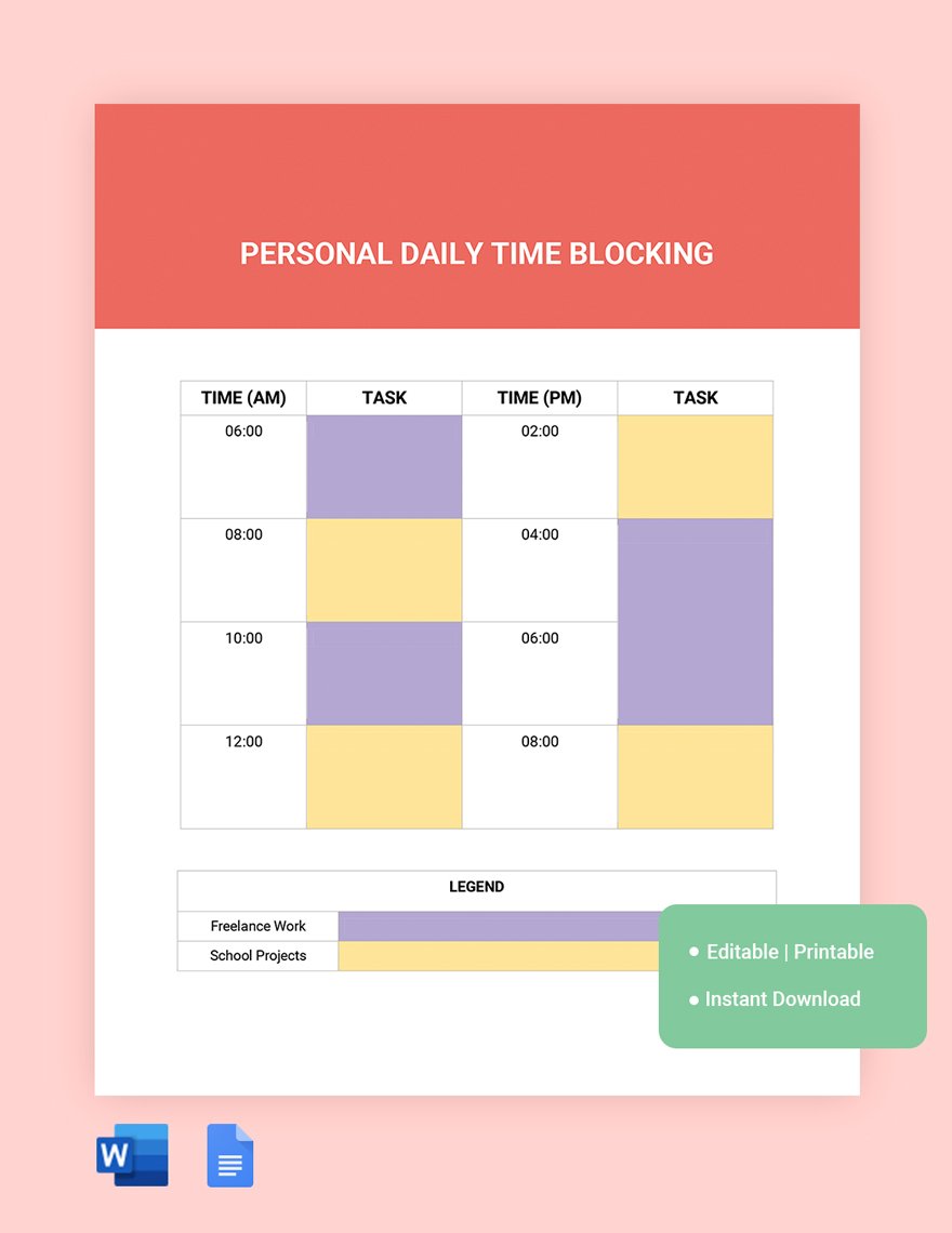 Time Blocking Planner Template Google Docs, Word