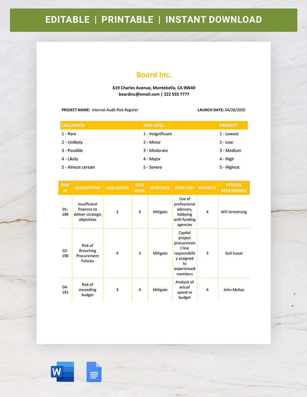 Internal Audit Risk Register Template Download In Word Google Docs 