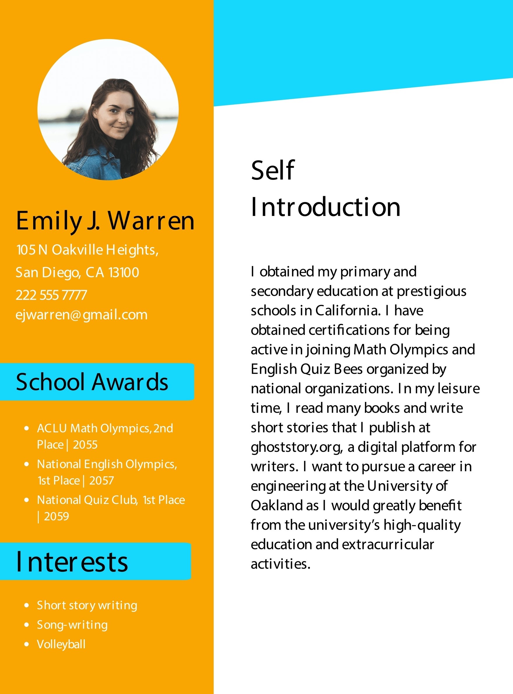 Student Self Introduction Template in JPG