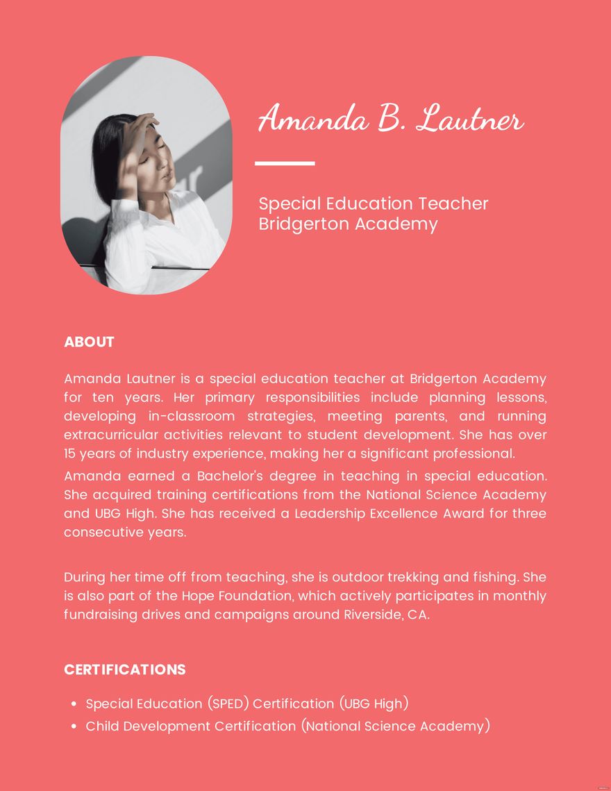 Professional Bio Template For Teacher in Word